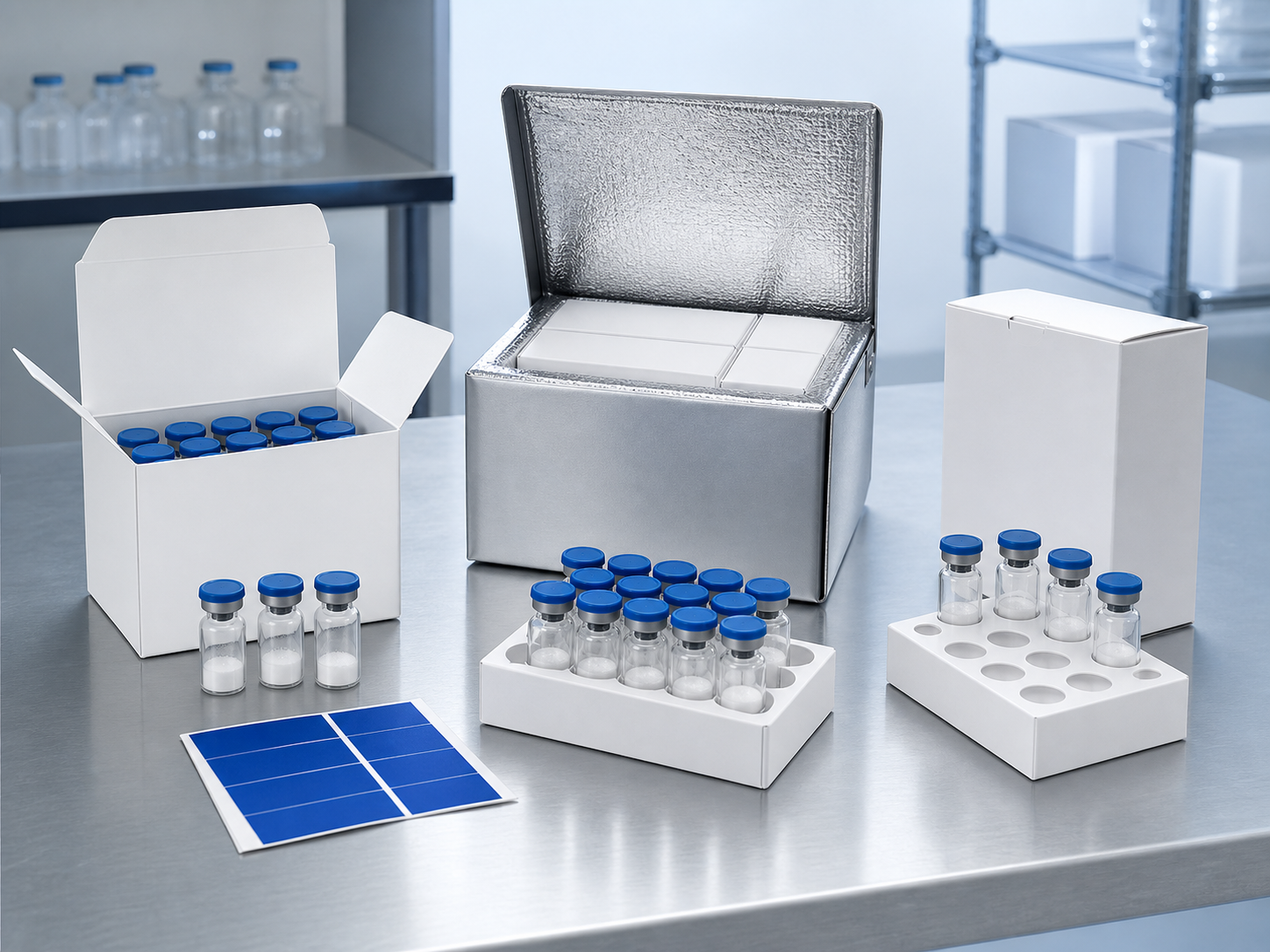 Unbranded vial, carton and cold-chain packaging configurations