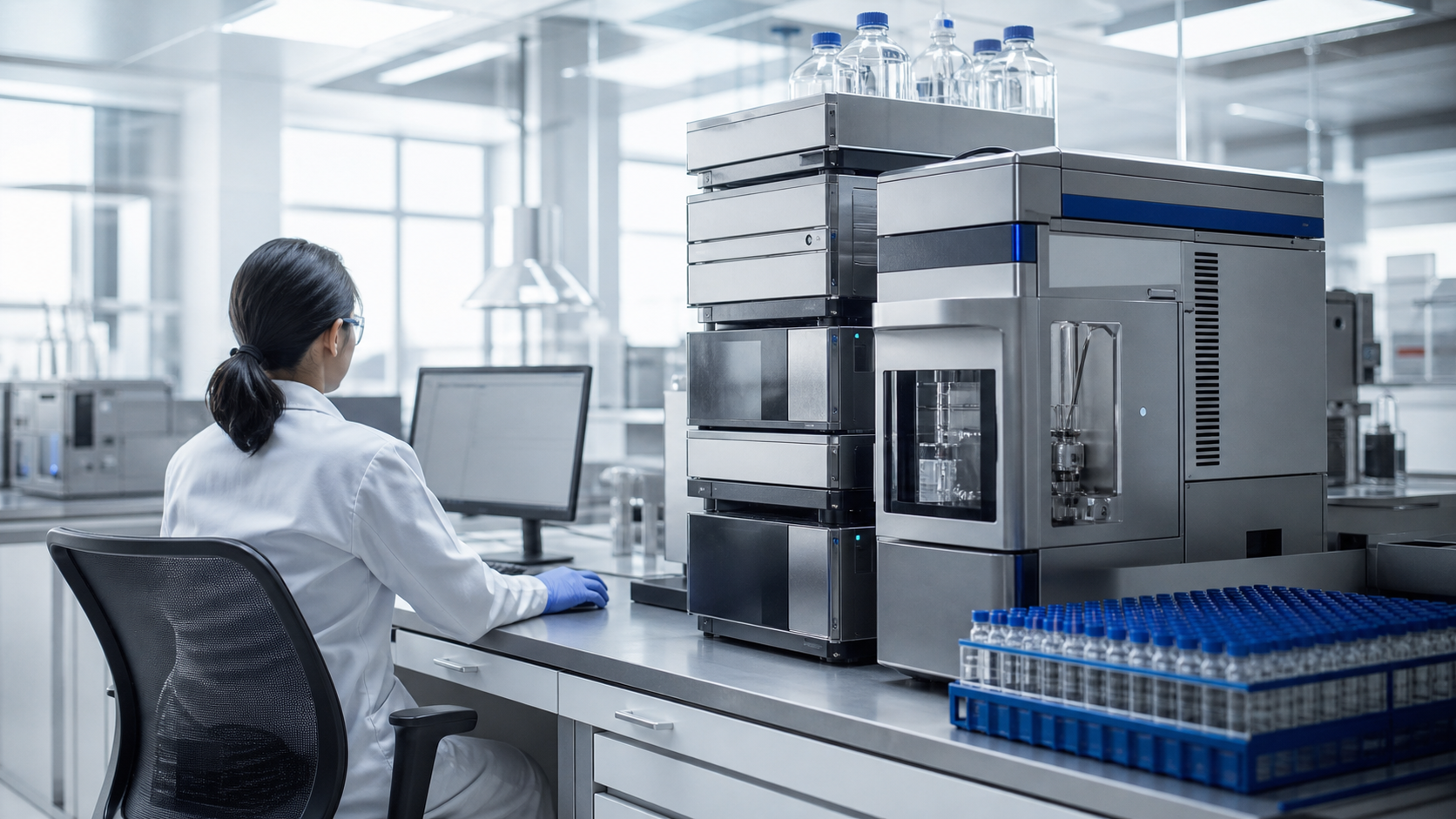 Quality control specialist operating analytical laboratory equipment